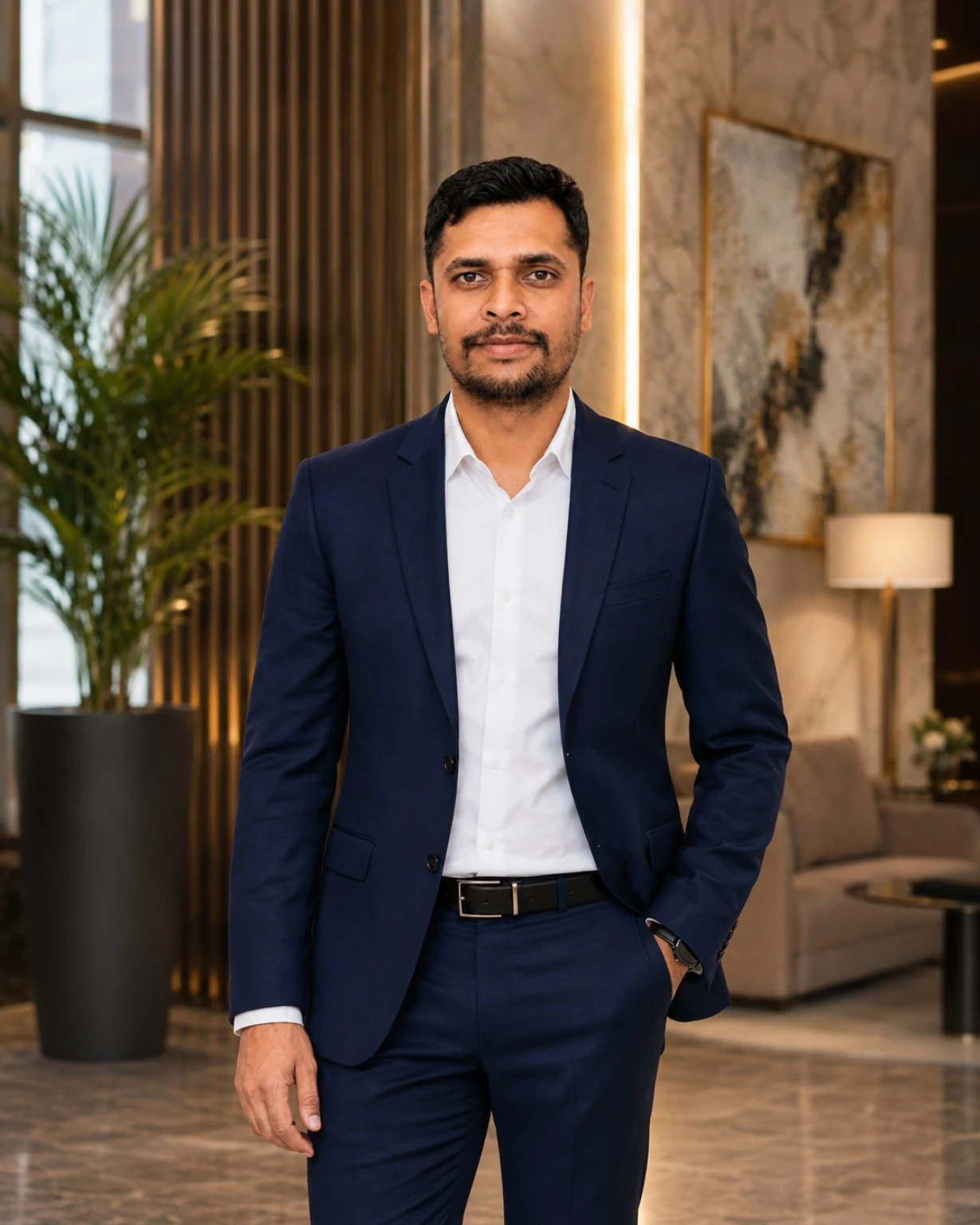 Raju Kumar Mishra in a navy suit in a warm executive interior
