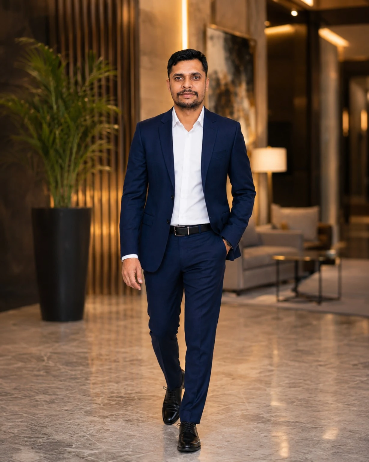Raju Kumar Mishra walking through a luxury lobby